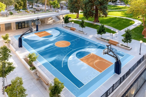 High angle view of a blue outdoor basketball court in an urban park with trees and benches