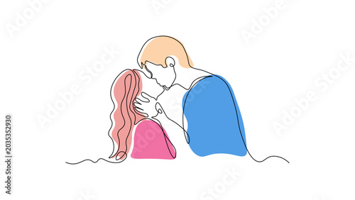 Continuous line drawing of romantic couple embracing and kissing, minimalist love illustration, relationship and intimacy concept, tender moment between man and woman