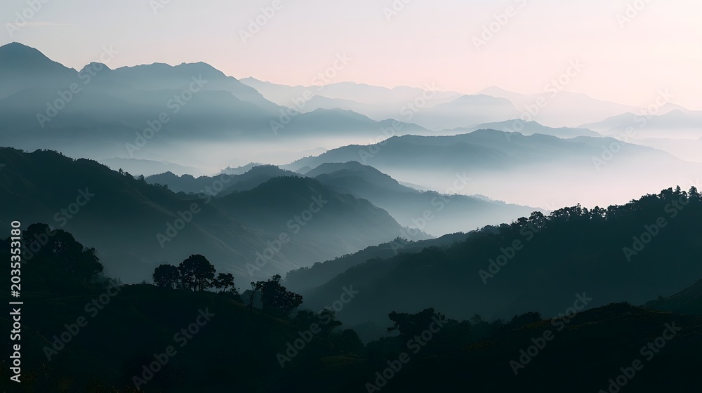 Naklejka premium Misty mountains emerge under soft morning light creating a serene and atmospheric landscape