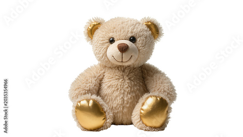Fotografia Isolated lovable fluffy beige teddy bear with gleaming golden ears and paw pads,
