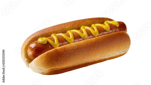 фотографія Isolated delicious hot dog with bright yellow mustard on a golden brown bun