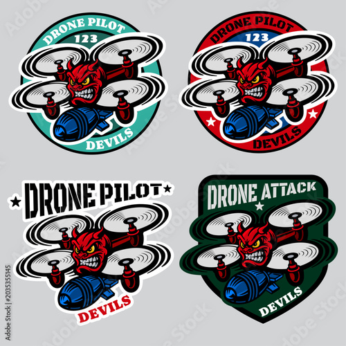 Set of dron pilot patches with devils head in center of drone and missile under copter. Vector illustration isolated on white. Suitable for logo or sport emblem, military patch, sticker or print