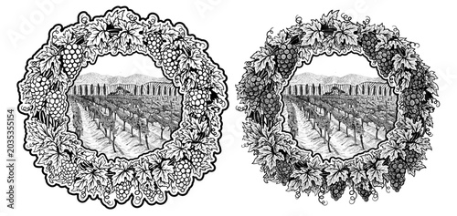 Hilly vineyard landscape with rows of grapevines and farm house inside round grape wreath. Vector in sketches style. Suitable for wine labels, winery branding, distillery, cellar, refinery.