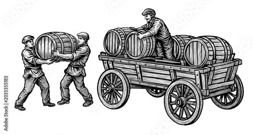 Workers loading wooden barrels onto a cart. Hand drawn vector in sketch style on transparent background. ideal for alcohol, wine, beer or whiskey branding.
