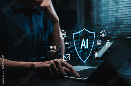 AI cybersecurity protection concept showing professional using laptop with digital shield, lock, key, email, and biometric icons for secure data access, threat defense, privacy, and network safety.
