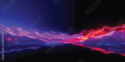 Bild auf Leinwand Abstract digital mountain range with glowing neon light particles and reflection