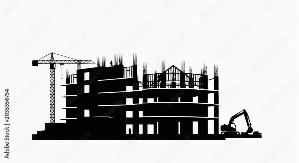 Naklejka premium Silhouette of a building under construction, with a crane and excavator
