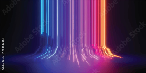 Bild auf Leinwand Bright multicolored neon light lines creating a abstract spectrum flowing on a d