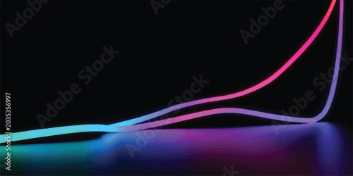 Slika na platnu Intersecting and diverging curved neon light lines in pink and blue on dark refl