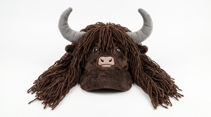 Plush highland cow hat with shaggy brown fur and grey horns