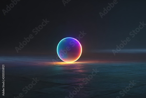 Glowing Iridescent Sphere On Dark Rocky Ground