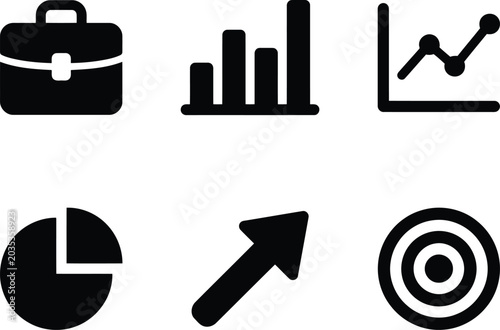 Black set: briefcase, charts, checkmark, target, and magnifying glass analytical symbols