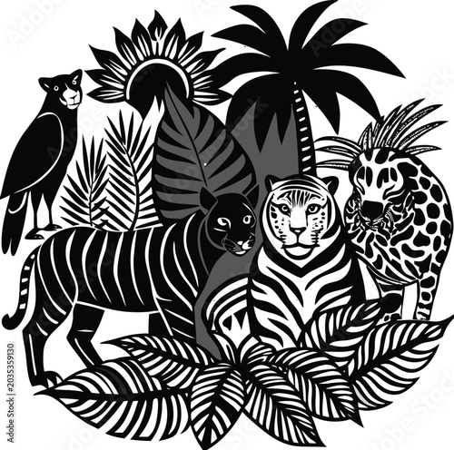 Photography Black and white jungle animals, tropical leafy foliage, exotic wildlife vector i