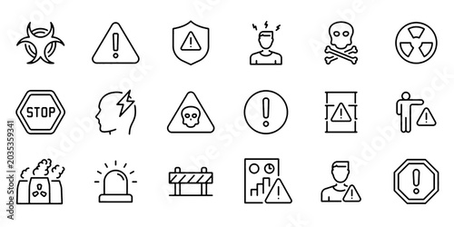 Bild auf Leinwand Hazard and Danger Warning Line Icons Set