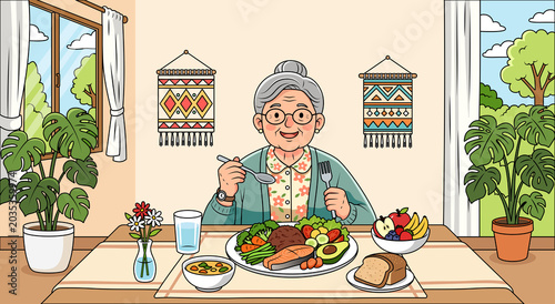 An elderly woman is eating a meal consisting of all five food groups.