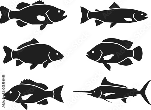Black silhouettes of various fish species, isolated on white background