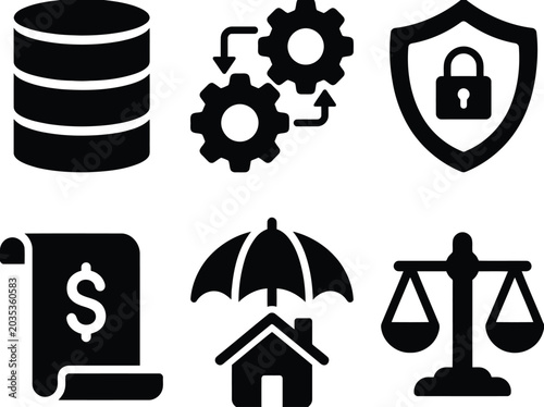Six black and white representing data, cloud, database, money, growth, and balance