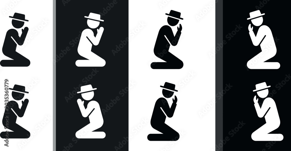 Obraz premium Praying person icon in black and white meditation hope religious symbol with stick figure meditation religion spirituality silhouette kneeling