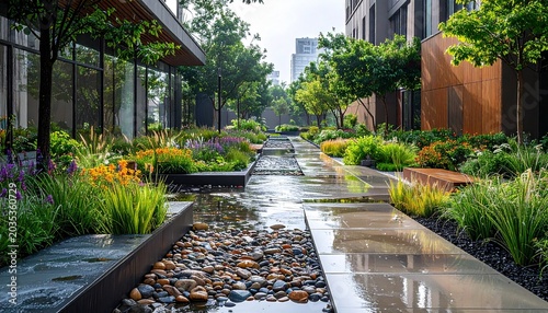 Urban Rain Garden with Water Channel After Rain in Modern Landscape