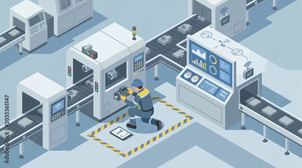 Fototapeta premium Smart factory isometric illustration with technician maintaining industrial automated production line machinery and IoT data monitoring systems for digital manufacturing industry