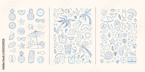 Fotografie Summer Beach Items Blue Line Art Illustration Collection