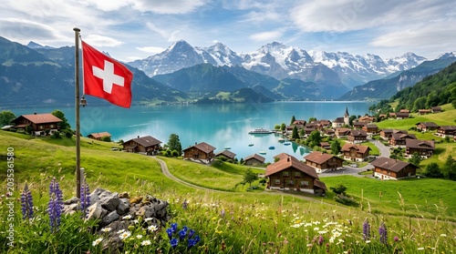 Swiss flag waving on mountain hillside overlooking alpine lake and snow-capped peaks on bright summer day