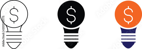 Quadro su tela Three lightbulb icons with dollar signs representing money-making ideas and financial innovation