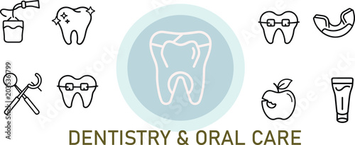 Dentistry and oral care icon set with tooth health symbols including braces dental tools mouthwash and hygiene products for clinics.