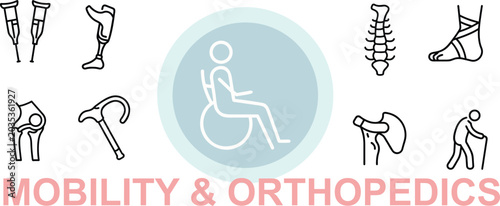 Set of mobility and orthopedics line icons. medical devices. orthopedic aids. rehabilitation equipment. disability support.