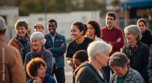 Diverse group of people gathering outdoors for a community meeting or social event.