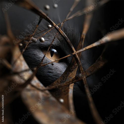 Mysterious cat eye dark fur rusty metal surreal close up dramatic shadow abstract background emotional tension dreamlike focus hidden animal macro detail