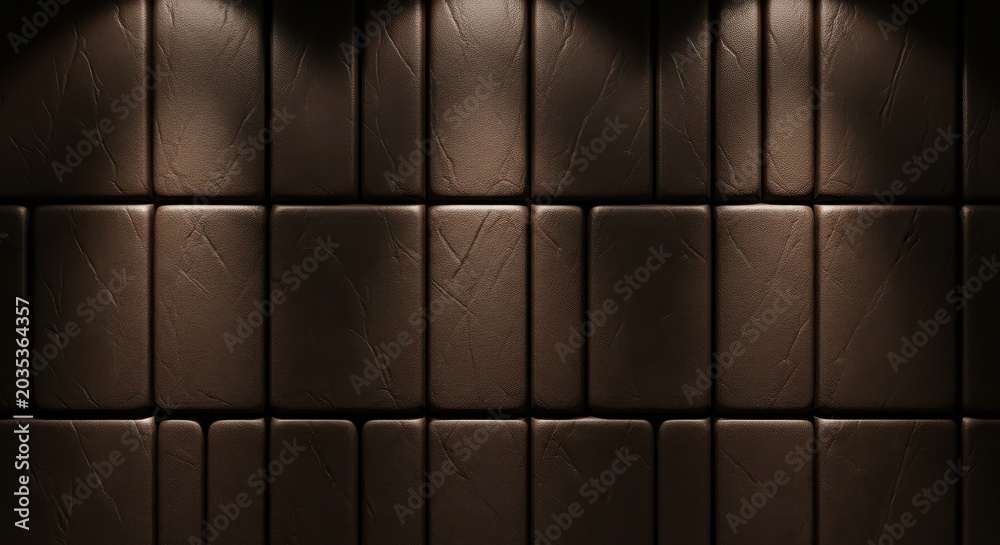 Naklejka premium Dark Brown Textured Leather Wall Panels with Subtle Grooves and Warm Lighting