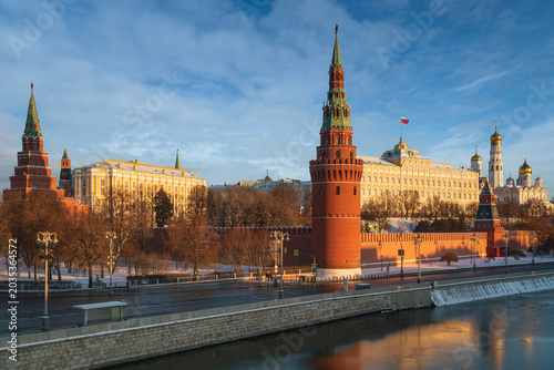 Vodovzvodnaya Tower of the Kremlin Wall, the Grand Kremlin Palace and the Kremlin Embankment of the Moskva Riverб Moscow, Russia