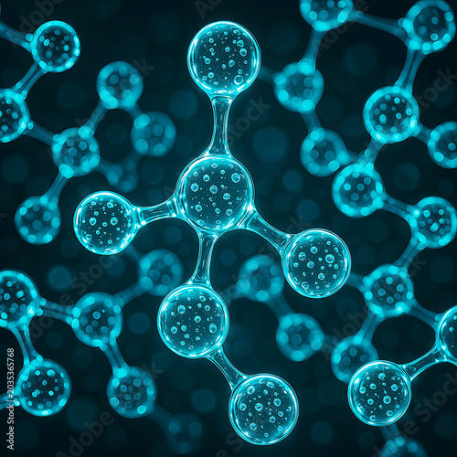 Microscopic glowing blue molecules with water bubbles inside.

