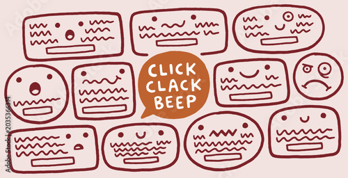 Cuadro en lienzo Collection of cute, hand-drawn keyboards with various facial expressions and sounds like click, clack, and beep