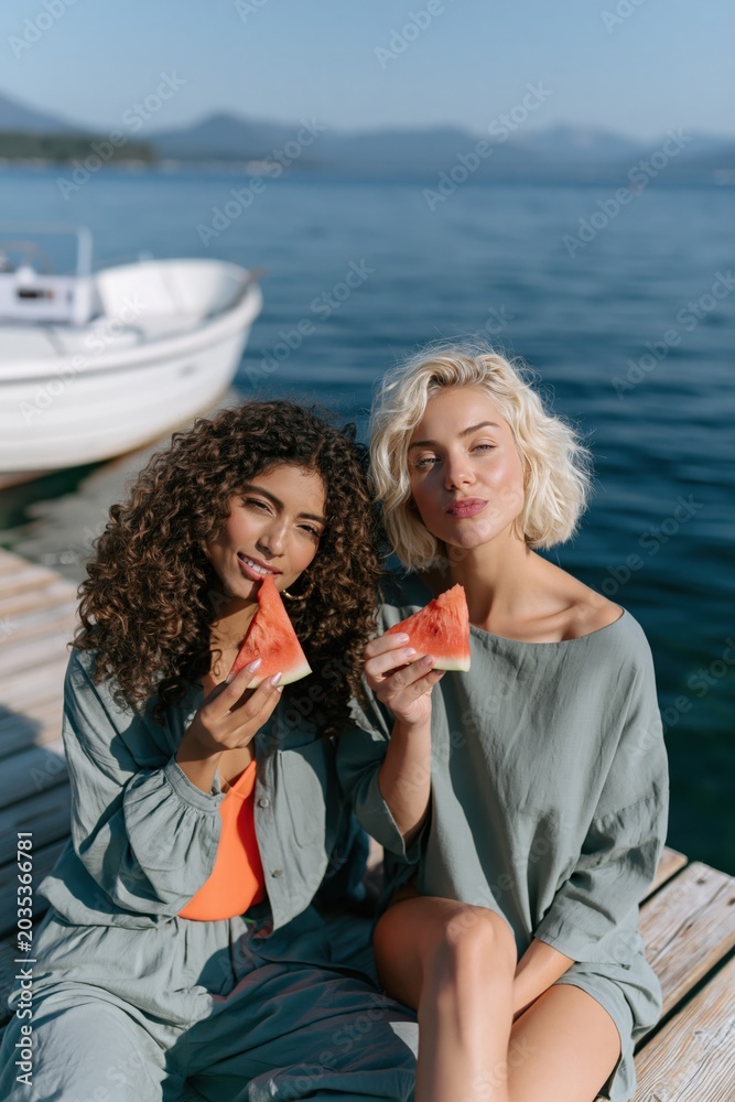 Obraz premium Two friends sitting on a wooden dock eating watermelon by a boat on a calm sea for summer lifestyle background and social media banner
