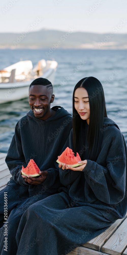 Obraz premium Two friends eating watermelon on a wooden dock by the sea for summer lifestyle poster and picnic background