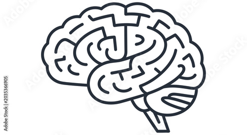 Fényképezés Line drawing depicts a human brain with detailed cortical convolutions