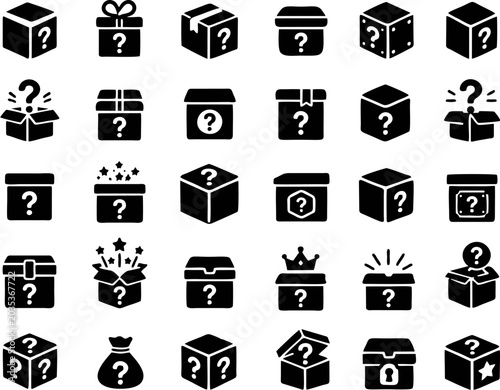 Φωτογραφία Collection of black mystery box flat icons featuring surprise boxes, loot crates, reward chests, gift packages, lucky boxes, and hidden prize symbols in minimalist silhouette style