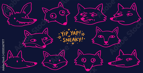 Valokuva Collection of cartoon fox faces showing various emotions and expressions, with text 'Yip Yap! Sneaky!'