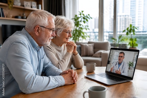 Realistic lifestyle scene of an elderly couple attending an online medical consultation from home using digital healthcare technology. Modern telemedicine and aging population concept.