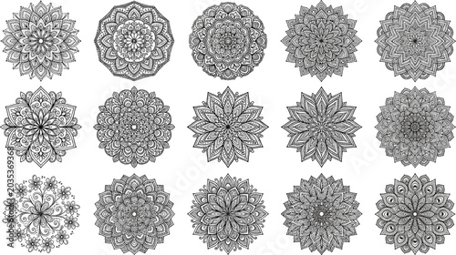 Photos Intricate Black and White Mandala Circle Ornament Vector Set with Traditional In