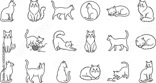 Bild auf Leinwand Cat Breed and Behavior Line Icon Set Featuring Various Cute Feline Poses Sleepin