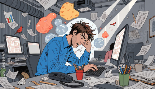 Overworked man tired office worker stressed employee exhausted worker busy workplace digital distraction paperwork chaos modern office fatigue
