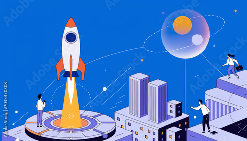 Startup business growth rocket launch business success futuristic city data analytics digital marketing business strategy innovation concept