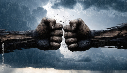 Epic fist collision impact power strength energy rain storm cloud suspense dramatic concept digital art