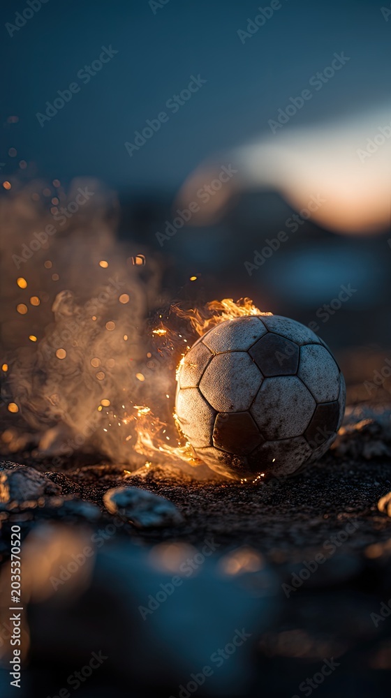 Naklejka premium Soccer ball surrounded by dynamic flames on a dark surface with gray smoke rising into a deep blue background in a high-resolution scene