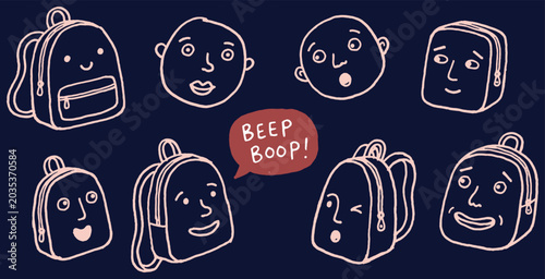 Collection of cute cartoon backpacks with expressive faces and the text 'BEEP BOOP!'.