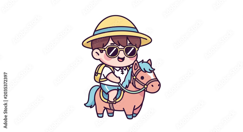 Obraz premium Cute Cartoon Boy Riding Colorful Unicorn Character Illustration.