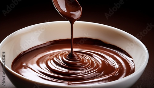 Dark Chocolate Melting Pouring And Swirling With A Spoon